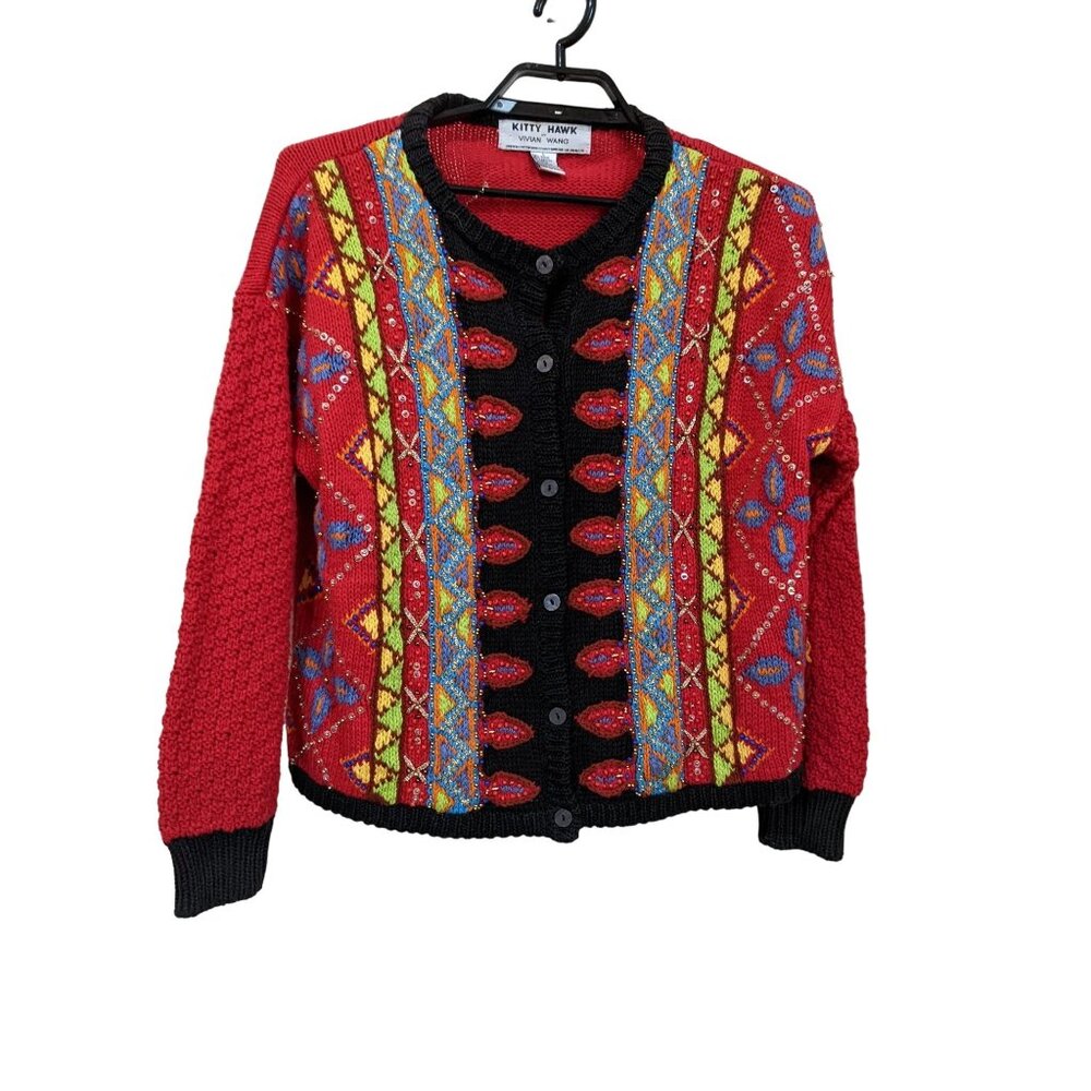 vtg Kitty Hawk Vivian‎ Wang Cardigan Sweater M Red Beaded Art to Wear Oversized